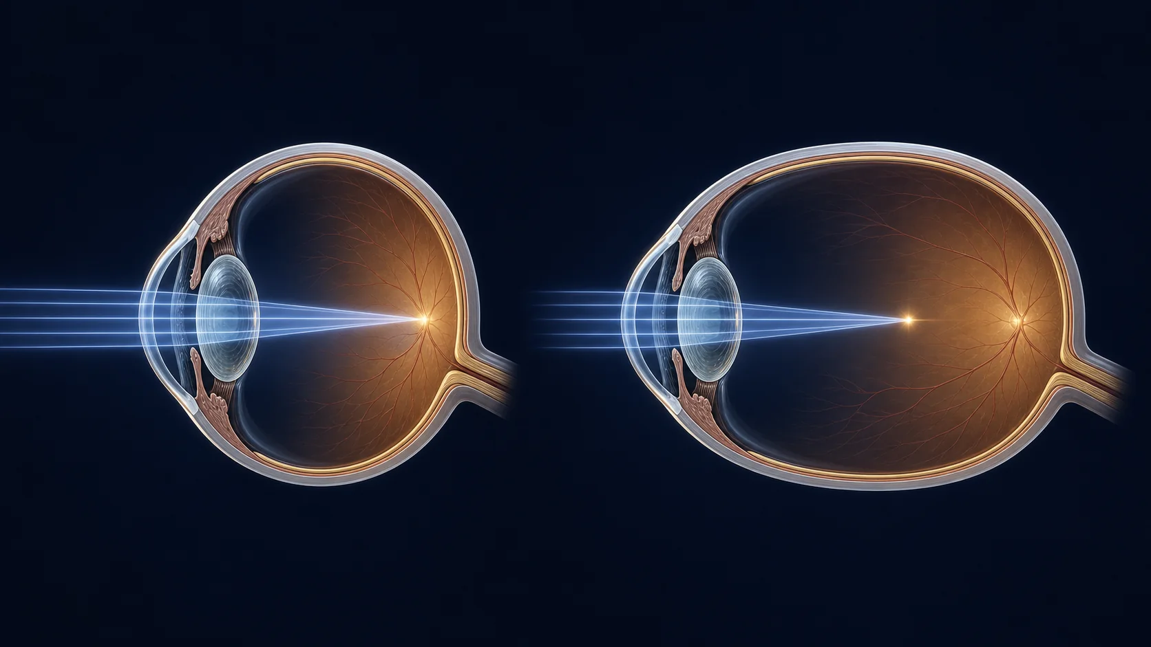 Premium educational comparison showing light focusing on the retina in a typical eye and in front of the retina in a longer myopic eye