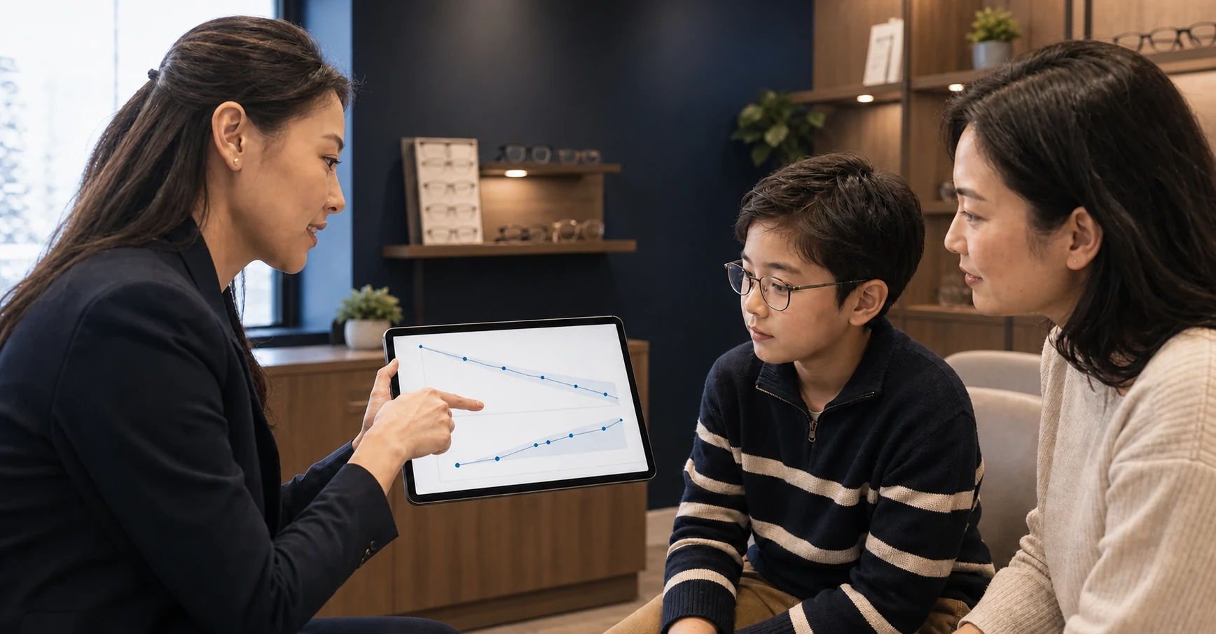 Eye-care professional reviewing a child's myopia progress with a parent in a premium optical consultation room