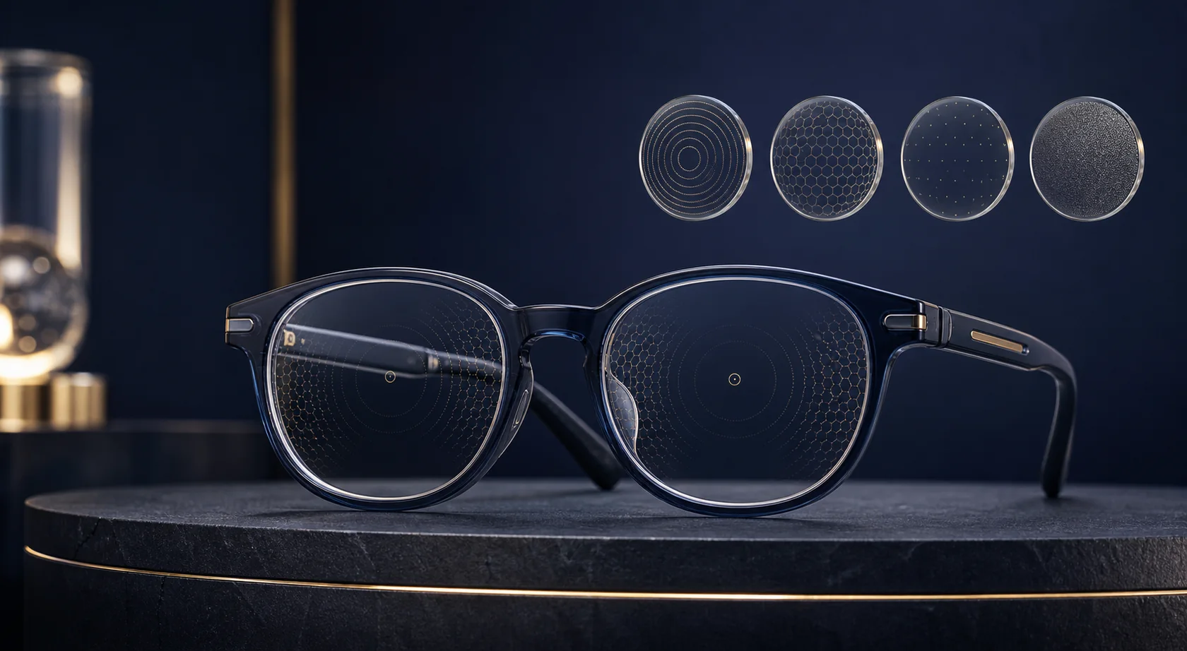 Premium spectacle lens display illustrating four different myopia-control optical structures