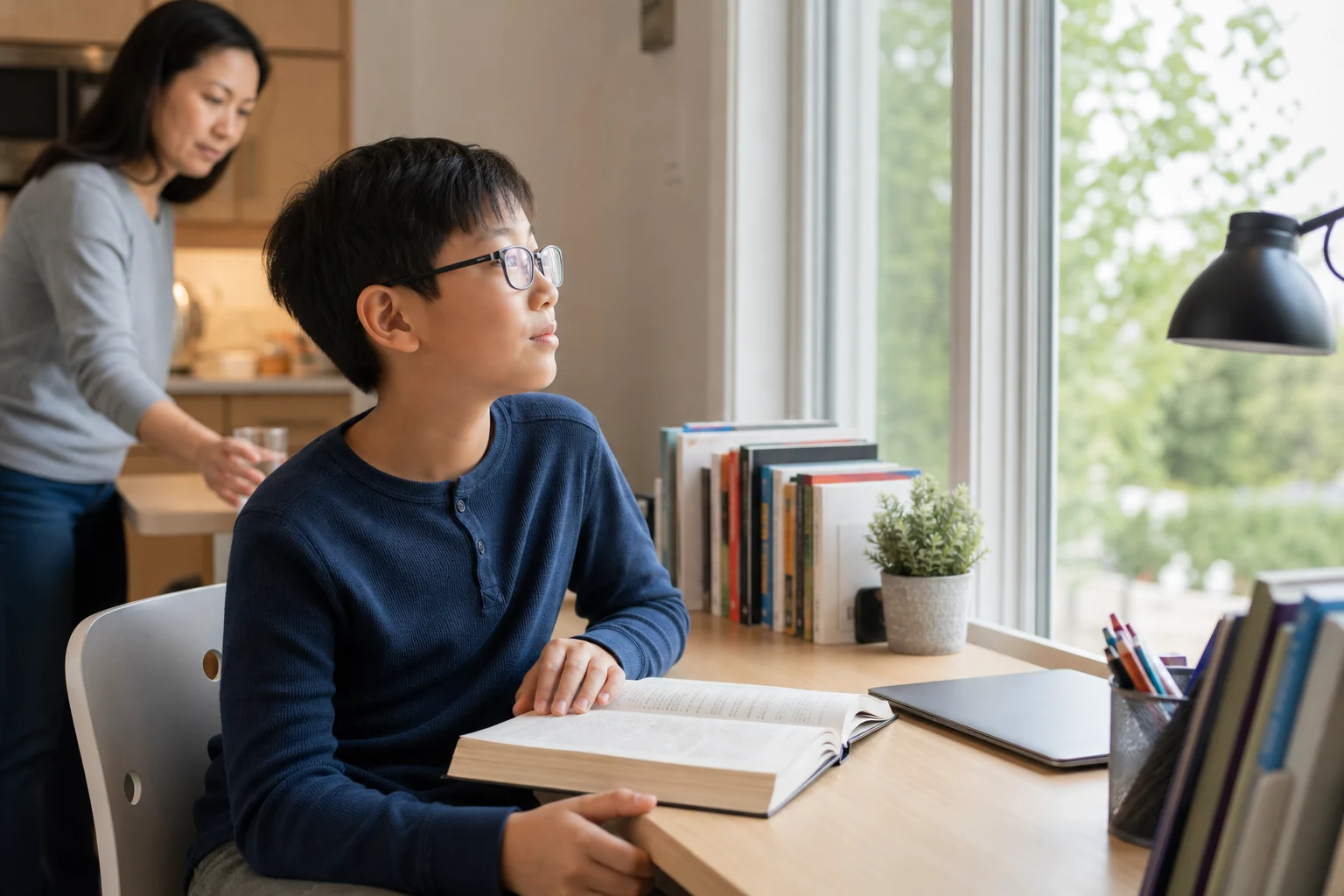 A child wearing glasses pauses from reading to look outside