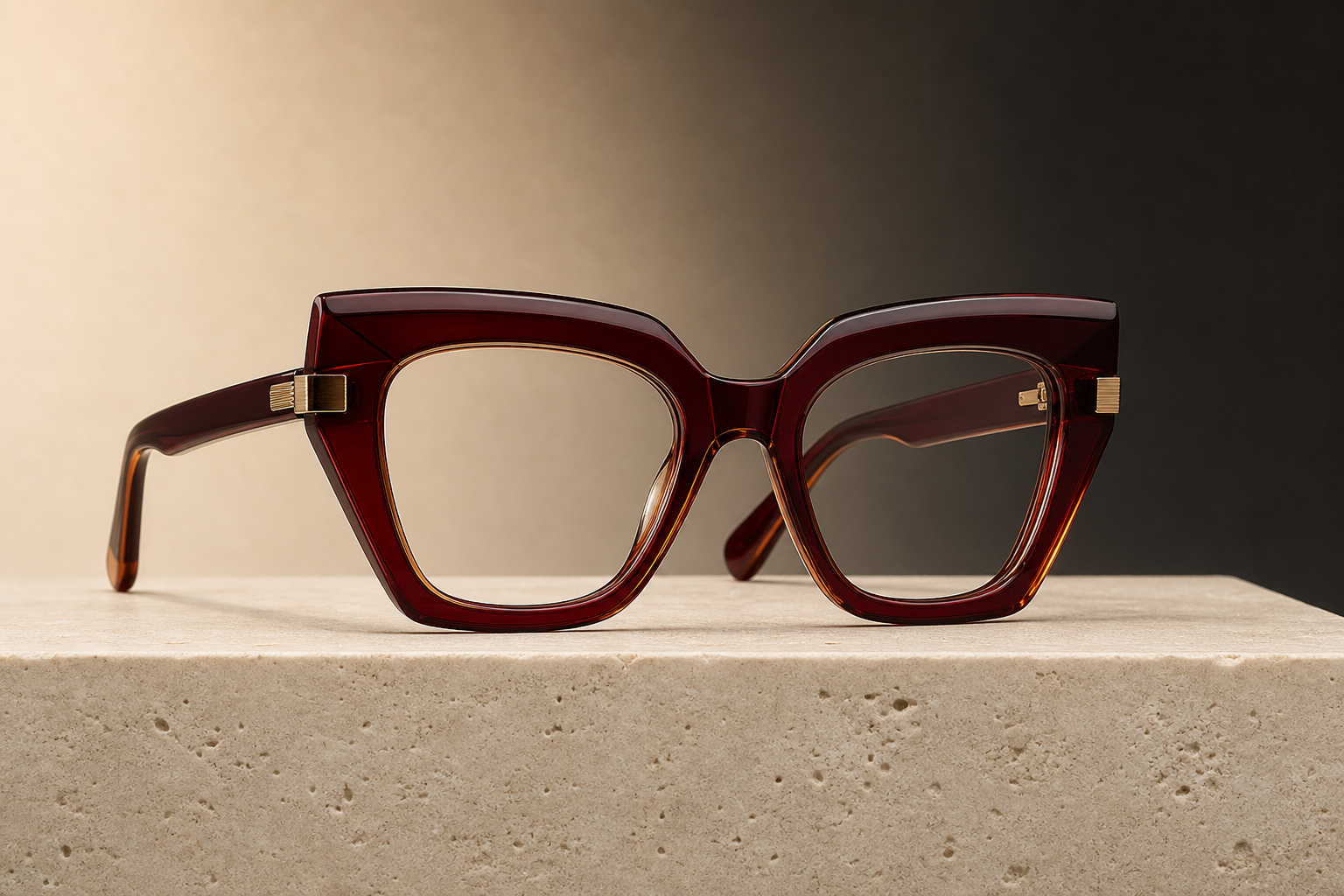 Sculptural oxblood acetate optical frame with a bold silhouette